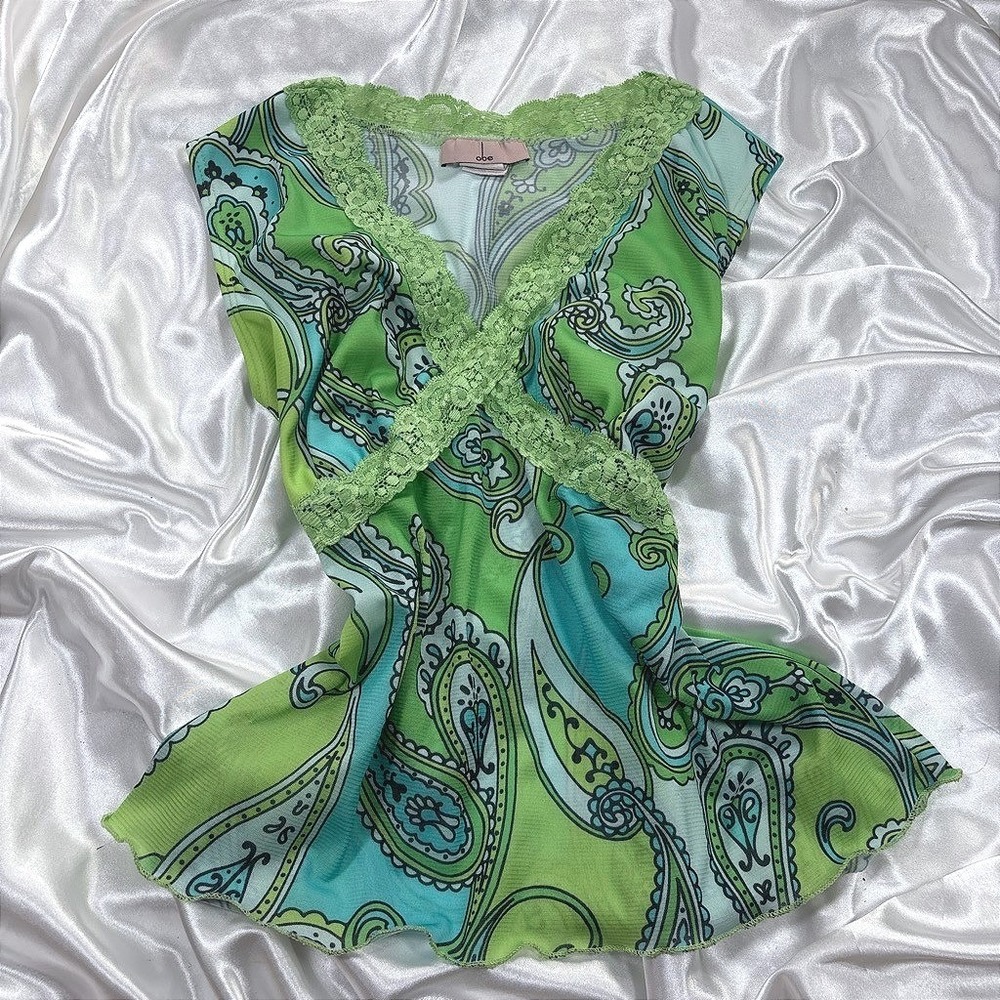 y2k Top Green Excellent Paisley Lace Trim Mesh Sleeveless V-Neck Obe XL